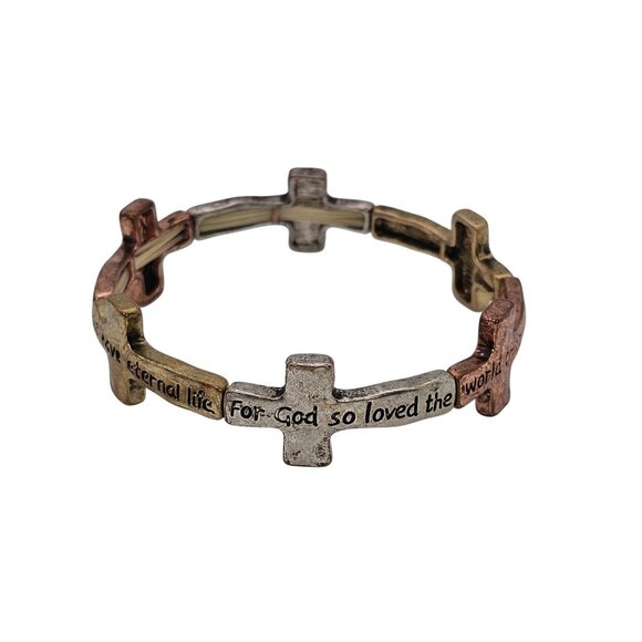 Inspirational Cross Bracelet Bible Verse In Tri-Color Gold  Metal Stretch Faith - Picture 4 of 14